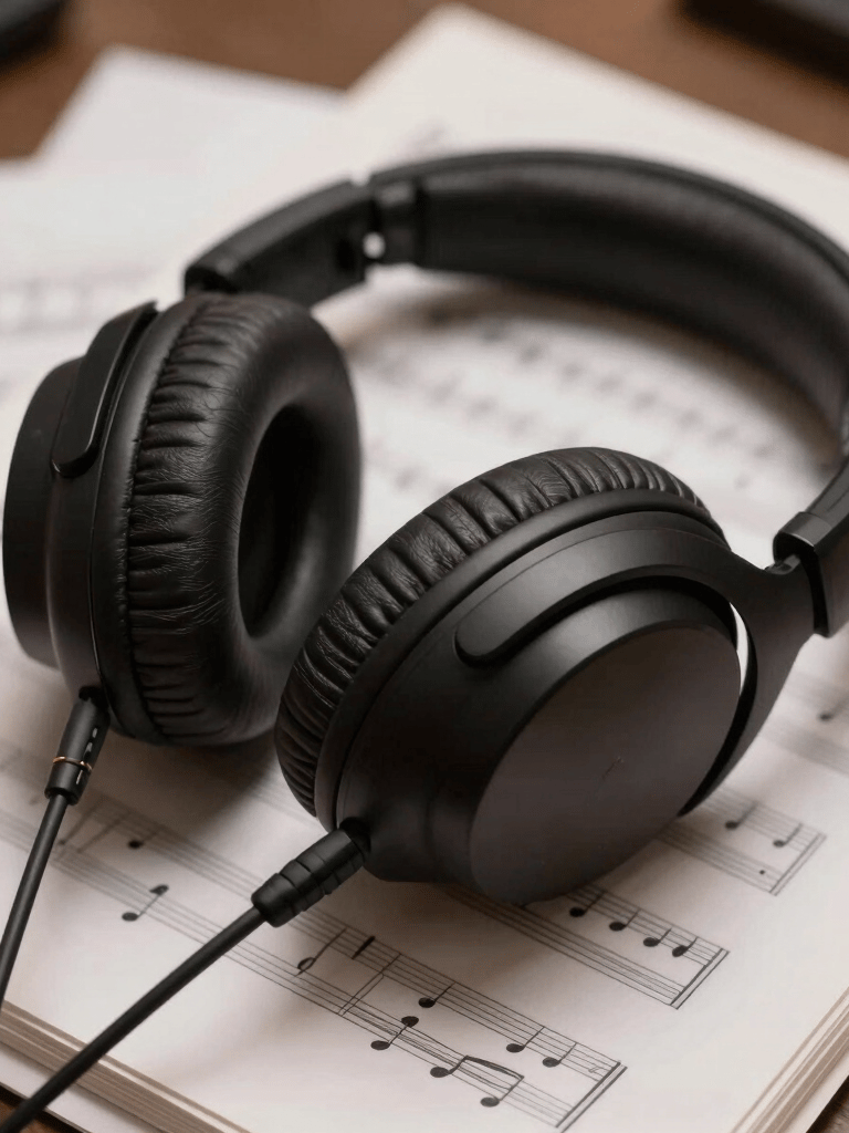 Close up of a pair of high-fidelity headphones resting on a stack of music sheets, soft lighting, brownish grey and off-white tones.