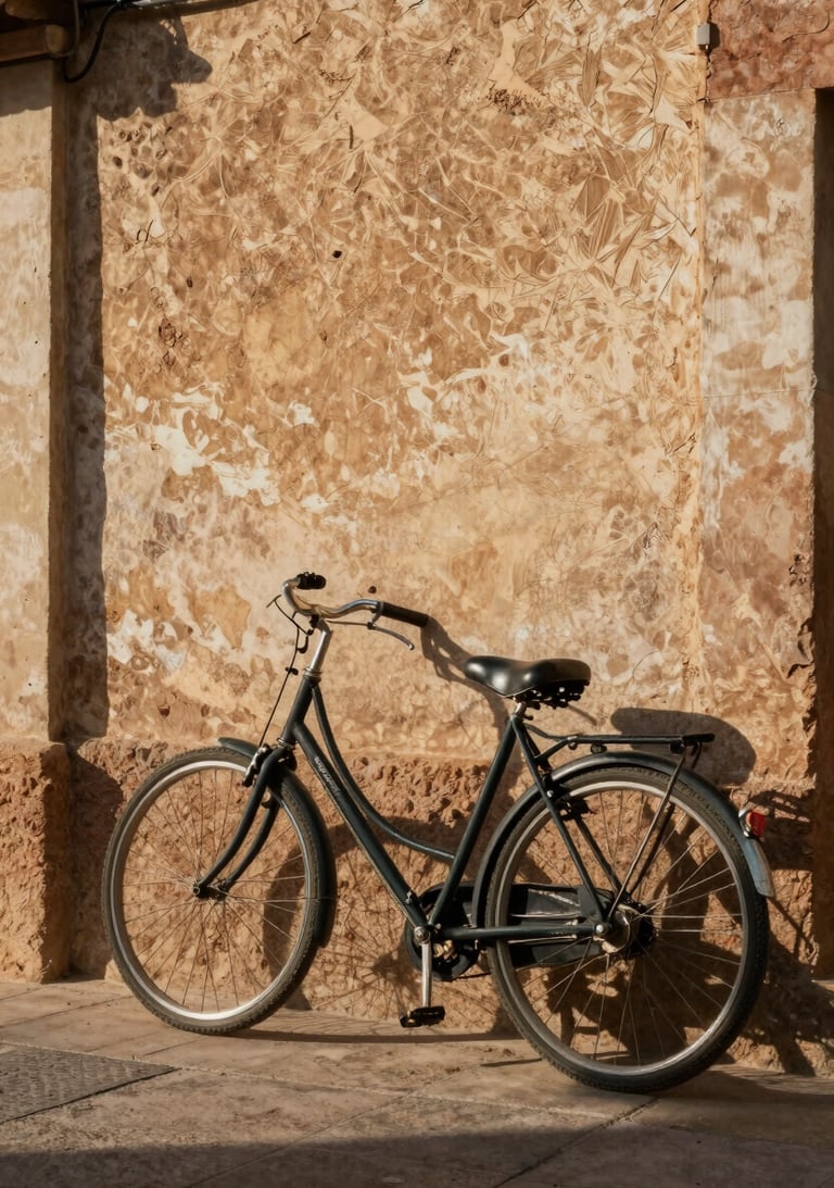 A classic bicycle leaning against a textured, sun-warmed plaster wall in a Spanish village, cinematic shadows and warm earthy tones.