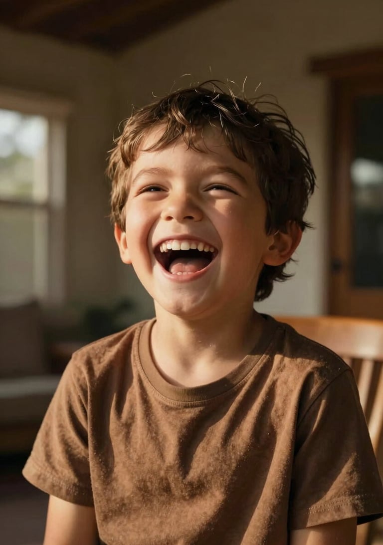 A cinematic vertical shot of a child laughing, sun-drenched lighting, North American / US home background, warm earth brown tones.
