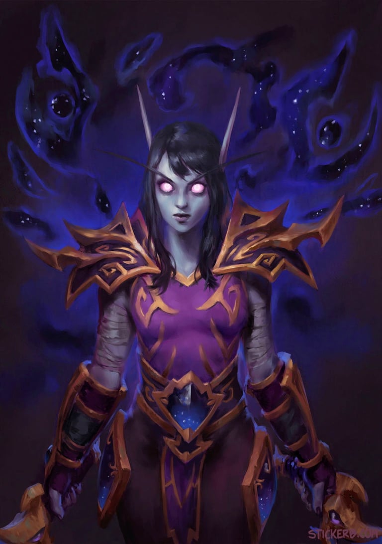 Illustration by Stickerb of a Void Elf from the game World of Warcraft.