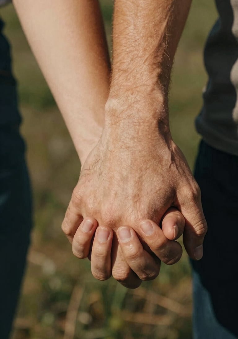 A detail shot of two hands intertwined, warm sun-drenched skin, authentic emotion in a North American outdoor setting.