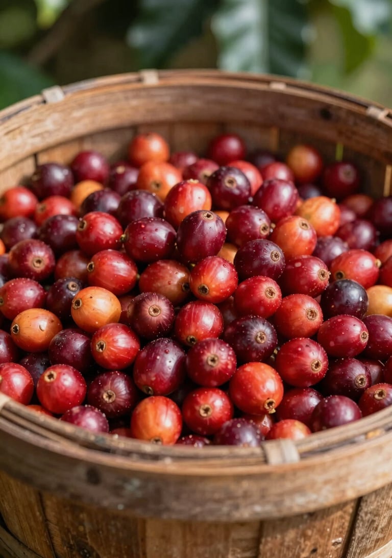 Close-up of a rustic wooden basket overflowing with bright red coffee cherries in a sun-drenched South American / Latin plantation. Natural, rich colors and organic textures.
