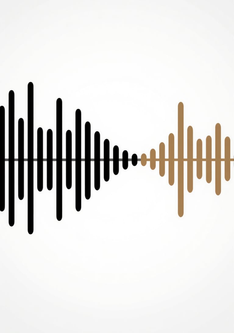 A stylized graphic of sheet music transitioning into a soundwave pattern, using brand colors #0A0A0A and #8D765D.