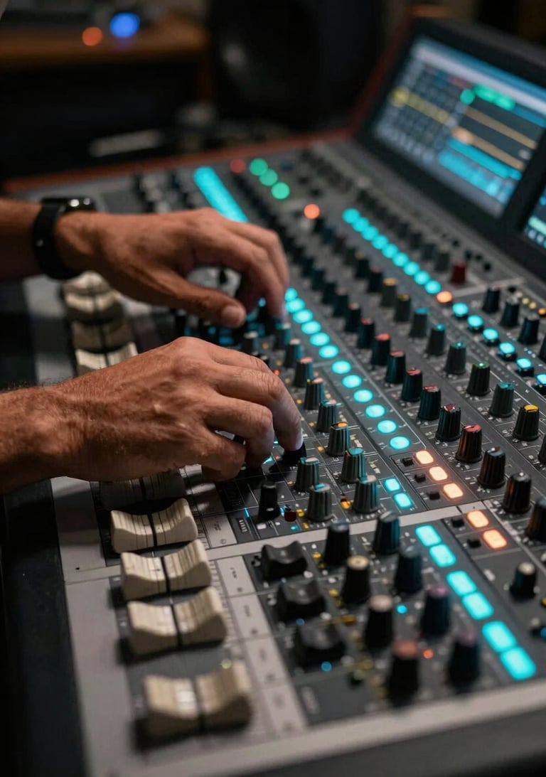 Hands of a musician adjusting a high-tech mixing console with glowing cyan lights in a South American / Colombian production suite. Low key lighting, cinematic feel.