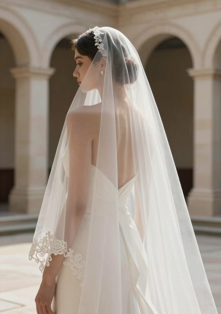 Detail shot of a bride's silk veil catching the light in a North American / European limestone courtyard, sophisticated minimalist composition, clean porcelain white tones.