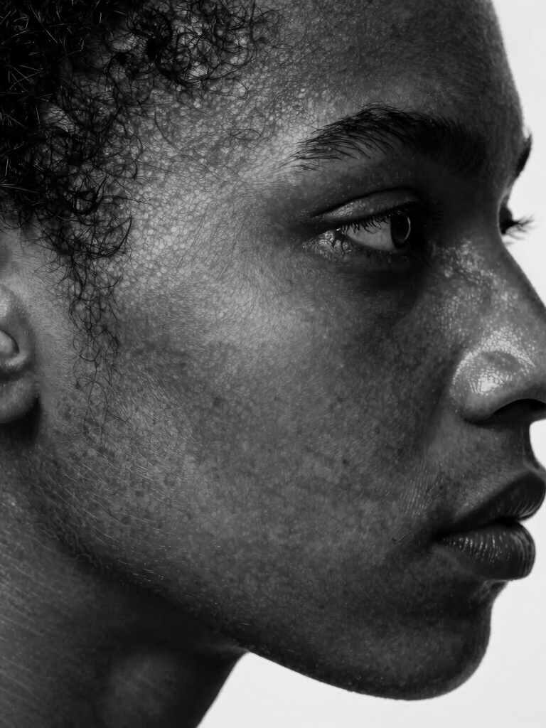 Artistic profile shot focusing on skin texture and geometric form. High-contrast photography in shades of black, gray, and white. International / Professional.