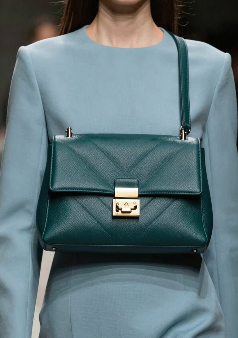 Close-up of high-end fashion accessories on a model, focused lighting, luxury aesthetic, sharp details, including brand colors #1A5E63 and #74A8AE in the fabric textures.