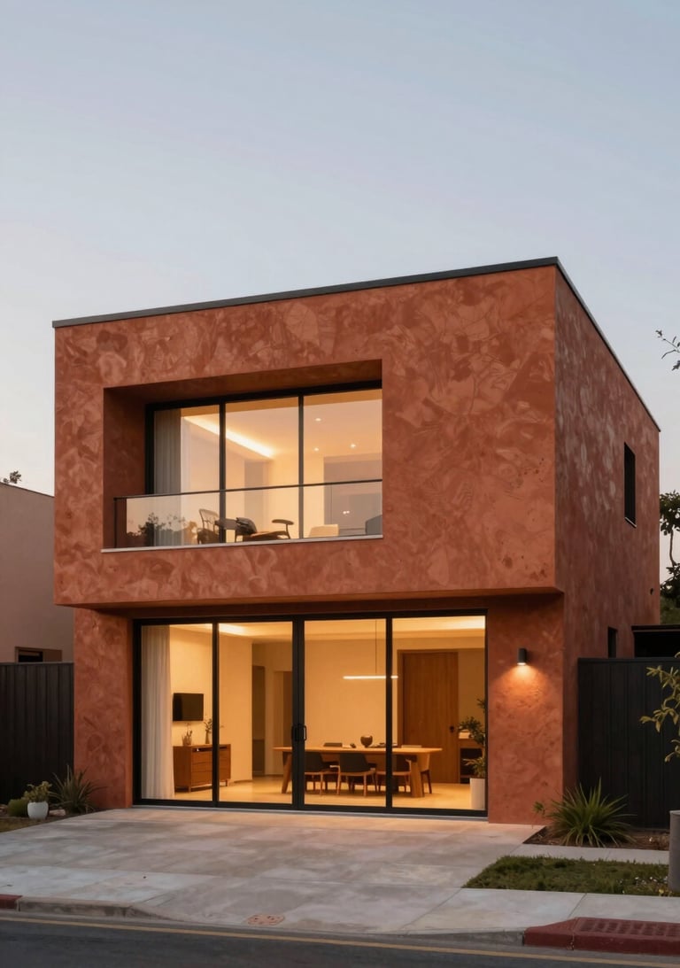 Exterior view of a contemporary home at golden hour, featuring #B85C3D terracotta textures and warm, welcoming interior lighting.