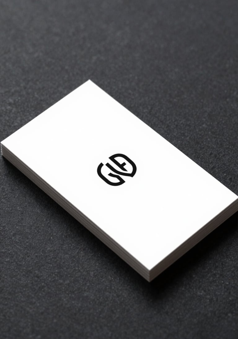 A minimalist white business card resting on a dark, textured surface (#4A5763). The card features a sophisticated black logo with refined lines.