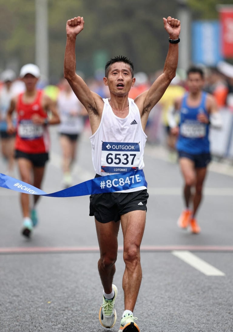 Emotional shot of a marathon runner crossing the finish line, arms raised, authentic victory, natural lighting, #8C847E tones.