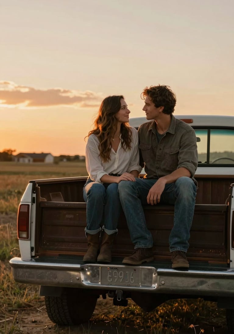 Horizontal shot of a couple sitting on the back of a vintage truck in a North American rural setting. Sunset lighting, cinematic warmth, authentic emotional connection.