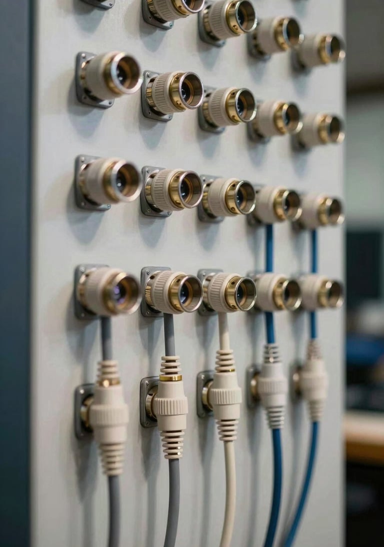 A neatly organized wall of high-quality XLR cables and connectors hanging in a professional audio workspace. The style is clean and polished, using off-white and muted blue colors. Southern European / Spanish setting.