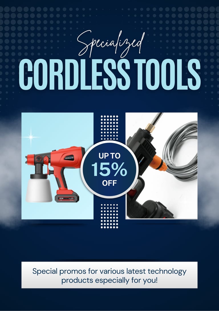 Specialized cordless tools sale featuring a red power paint sprayer and portable pressure washer hose.