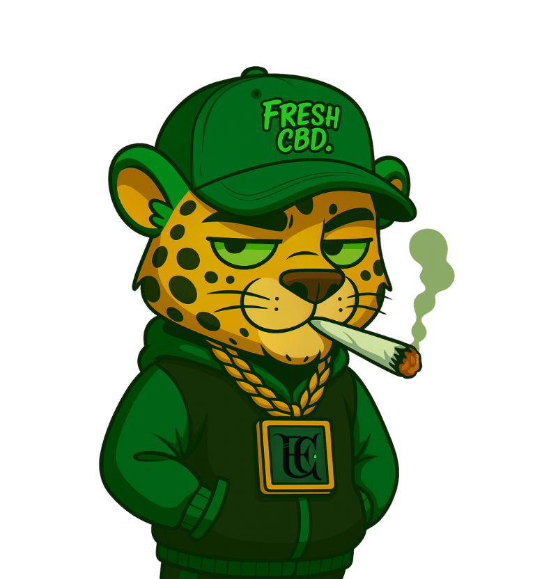 : Leopardo Fresh CBD con gorra y cigarro estilo relajado