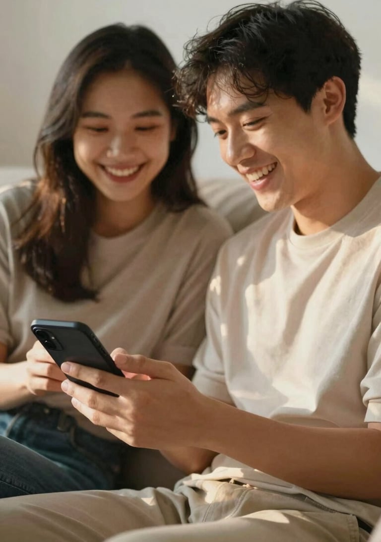 Authentic interaction: A couple laughing while using a financial app together on a couch, bathed in warm sun-drenched lighting. Cinematic and friendly atmosphere.