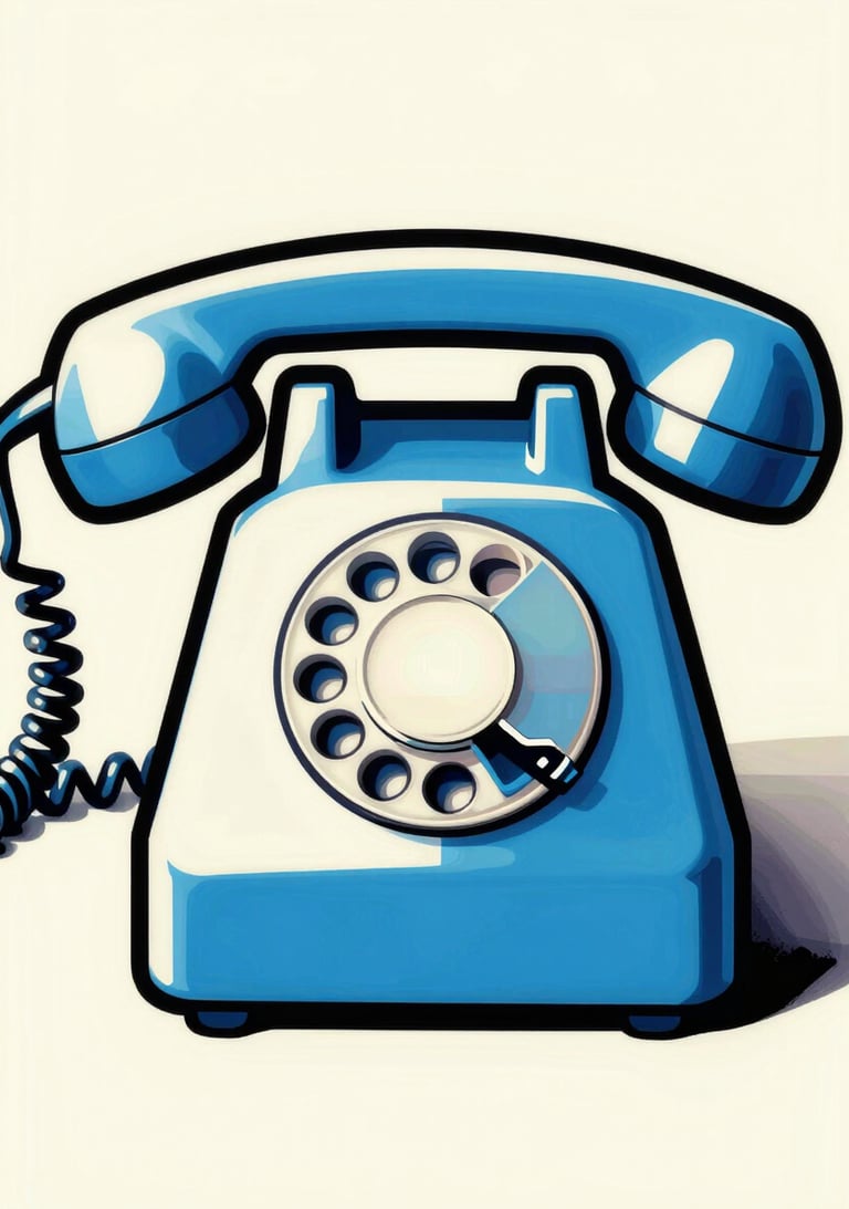 Abstract graphic of a telephone, pop art style, blue #0050B3 and white #FDFDF5, thick black #1A1A1A outlines, vintage print effect.