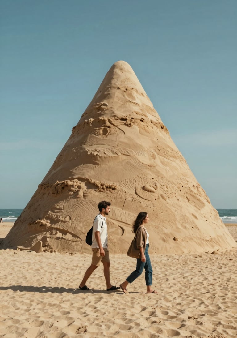 Candid shot of a couple walking past a large sand installation on a sun-drenched beach, vibrant lifestyle photography with warm cinematic tones.