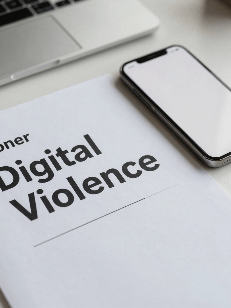 A minimalist close-up shot of a pioneer digital rights paper titled Digital Violence, resting next to a modern smartphone with a clean white interface, on a pristine workspace.