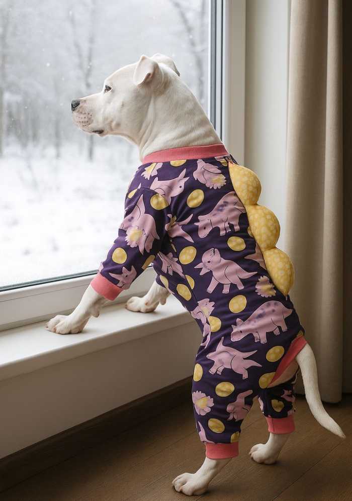 Un perro blanco con un pijama de dinosaurio morado mira por la ventana un paisaje invernal nevado.
