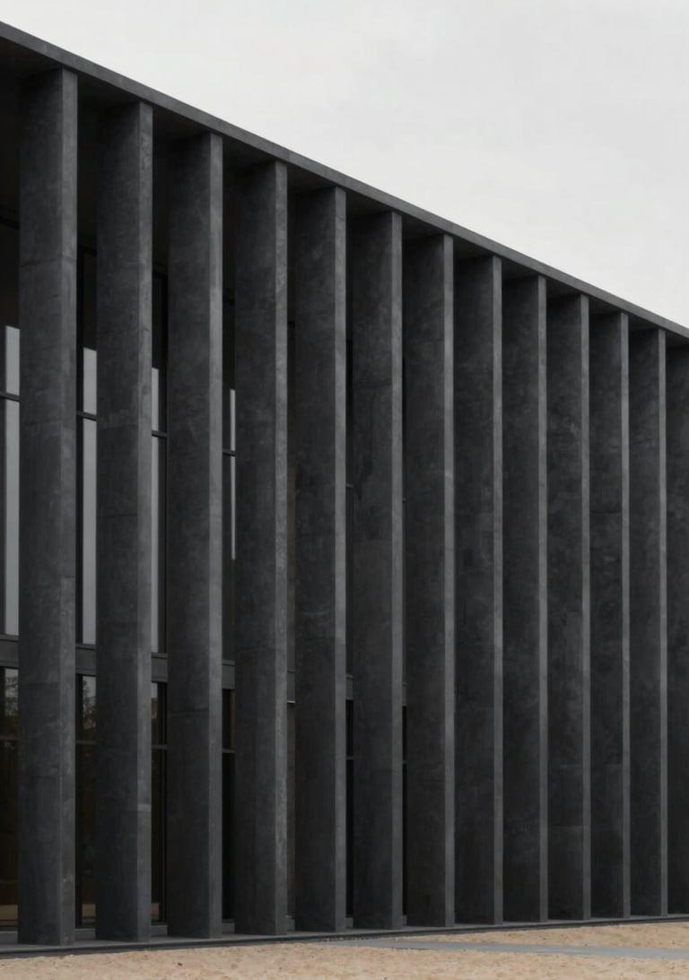 Exterior facade of a modern museum, rhythmic vertical charcoal pillars, soft sand sky, high contrast, minimalist architectural photography #333333 #F9F7F2