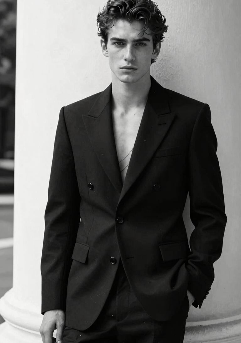 Vogue-style editorial shot, male model leaning against an Off-white column, wearing high-contrast black and white.