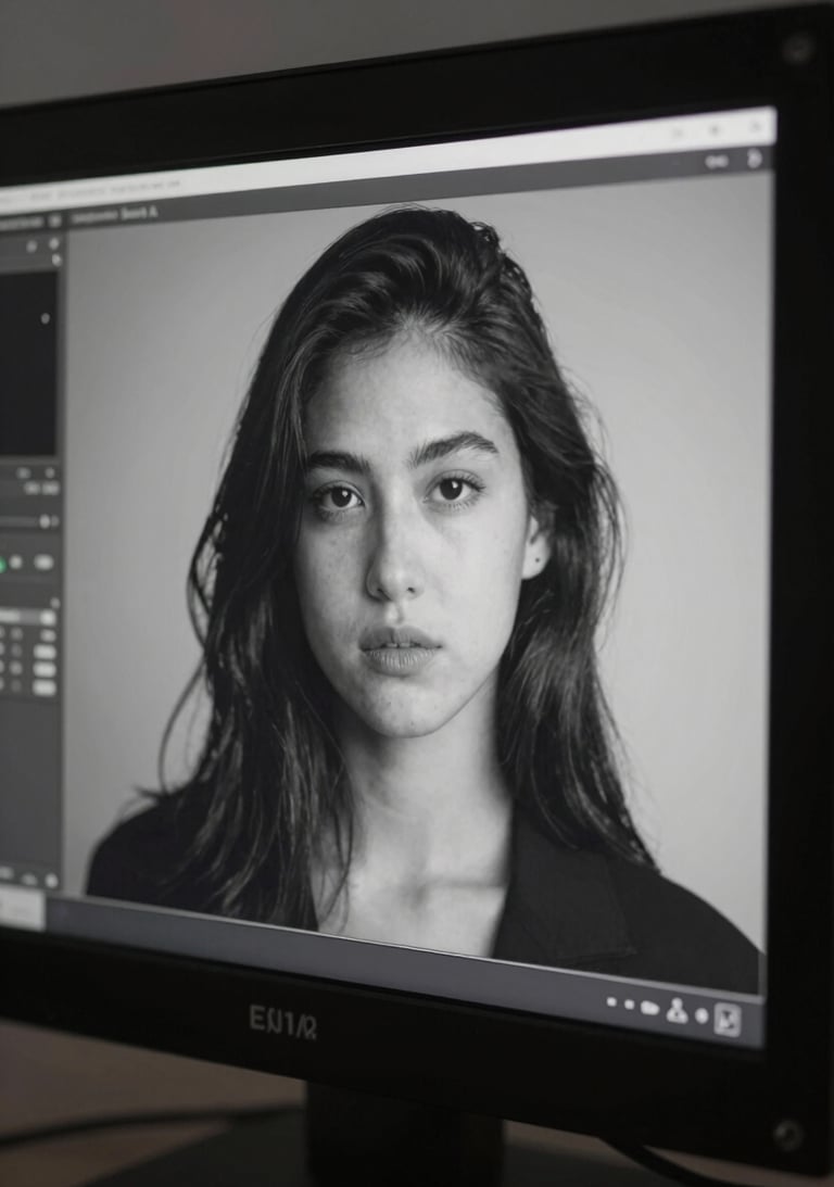 Detail shot of a professional film monitor showing a high-resolution portrait in monochrome style. Clean, modern, and immersive.