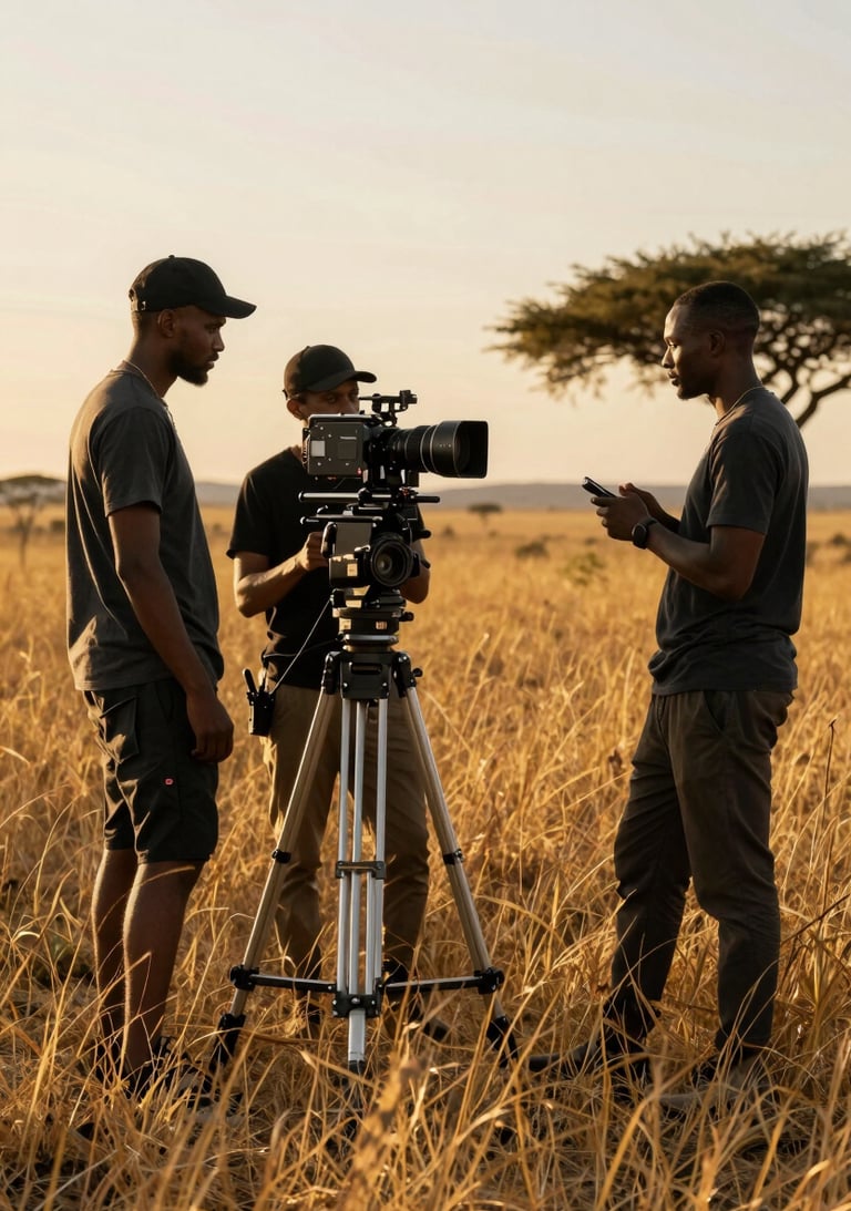 Behind-the-scenes shot of an Angolana film crew working in a golden savanna, sunset lighting, high-contrast photography with gold and dark slate grey accents.