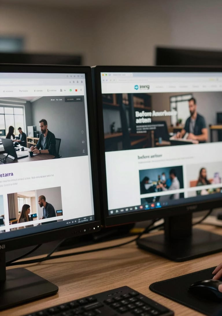 A photograph showing the 'before and after' of a website redesign project, displayed on two monitors in a professional North American / US setting.