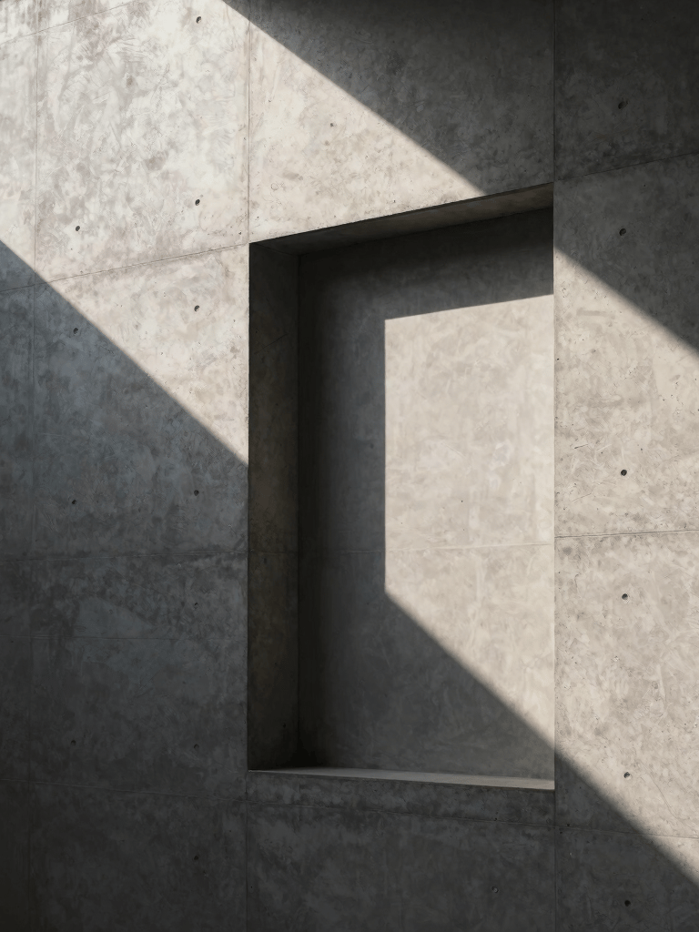 Modern architectural photography of a minimalist concrete wall with sharp geometric shadows, soft natural lighting, International / Western.