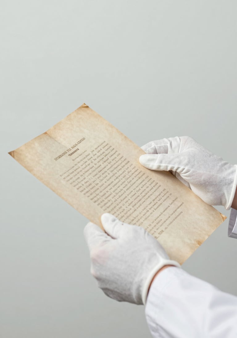 A minimalist shot of a researcher's hands handling an archival document with care, using white cotton gloves. The background is a soft #F1F4F2, conveying expertise and heritage.