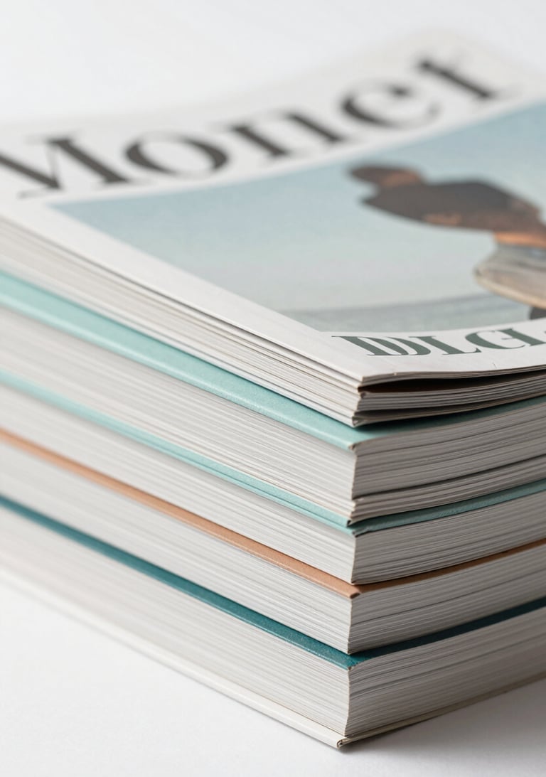 A collection of printed editorial magazines stacked neatly. The spines are visible, showing clean Inter typography. Palette colors #3F5E5C and #A7C5C3 are used on the covers.