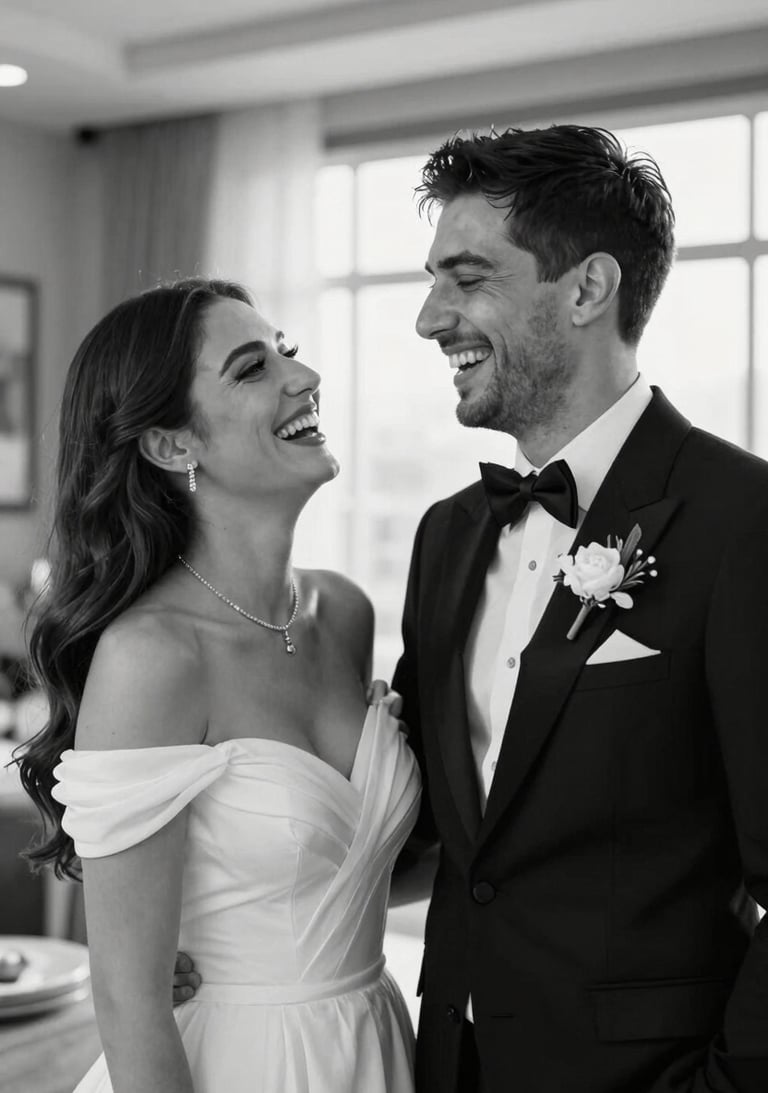 Candid shot of a newlywed couple laughing in a modern Turkish setting, black and white style with a high-end fashion magazine feel. Luxurious and emotional.