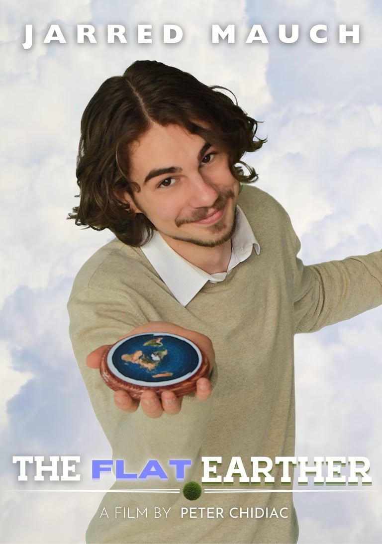 a man in a sweater holding a flat earth in his hand, movie poster