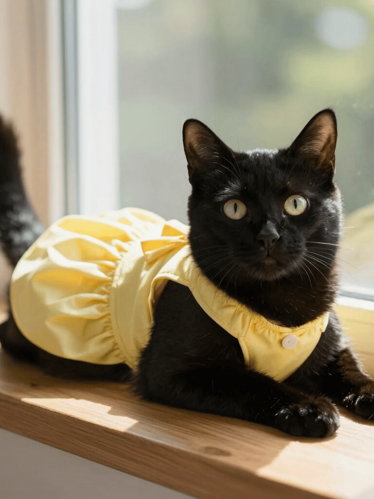 A cute black cat wearing a stylish yellow dress while lounging on a sunny wooden windowsill.