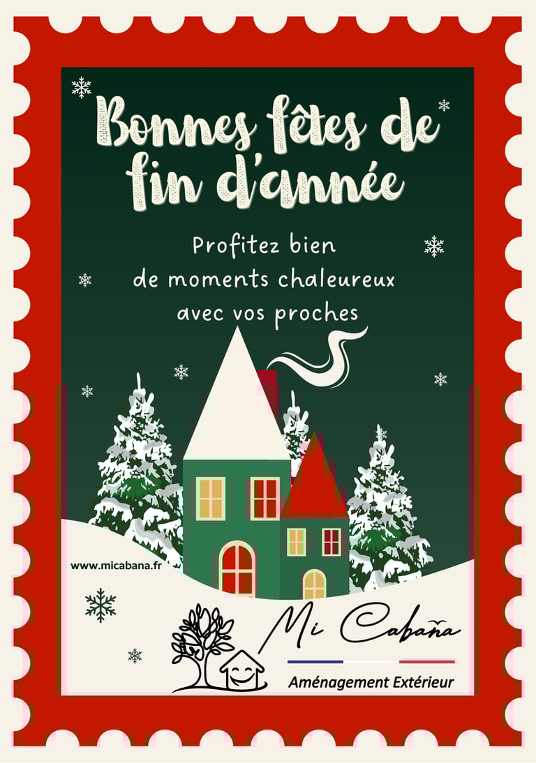 a christmas card with a house and a christmas tree