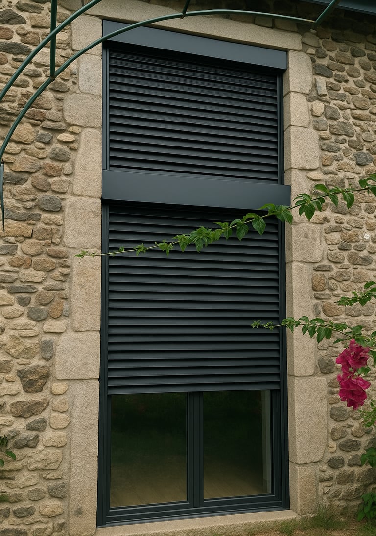 brise soleil oientable gris fermés sur une grande fenêtre d'une maison en pierre traditionnelle
