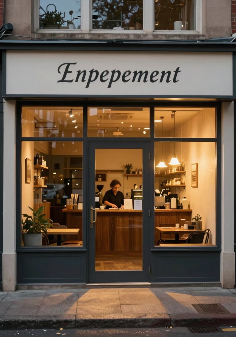 A barista works inside the warm, cozy interior of Enpepement cafe with a glass storefront.