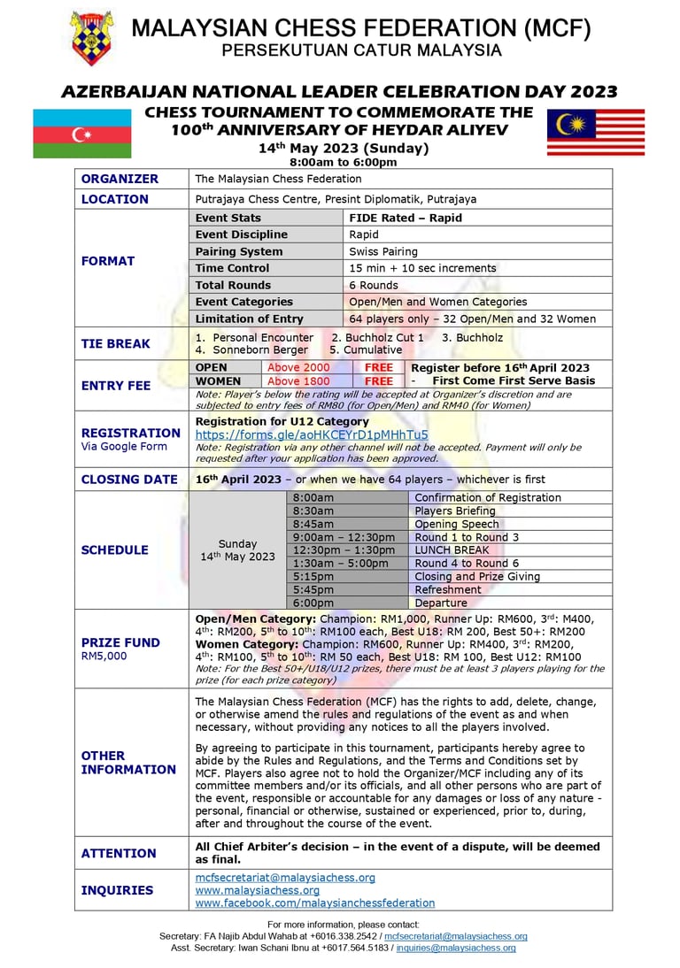 100th Anniversary Of Heydar Aliyev – Azerbaijan National Leader’s Day Malaysian Chess Tournament. 