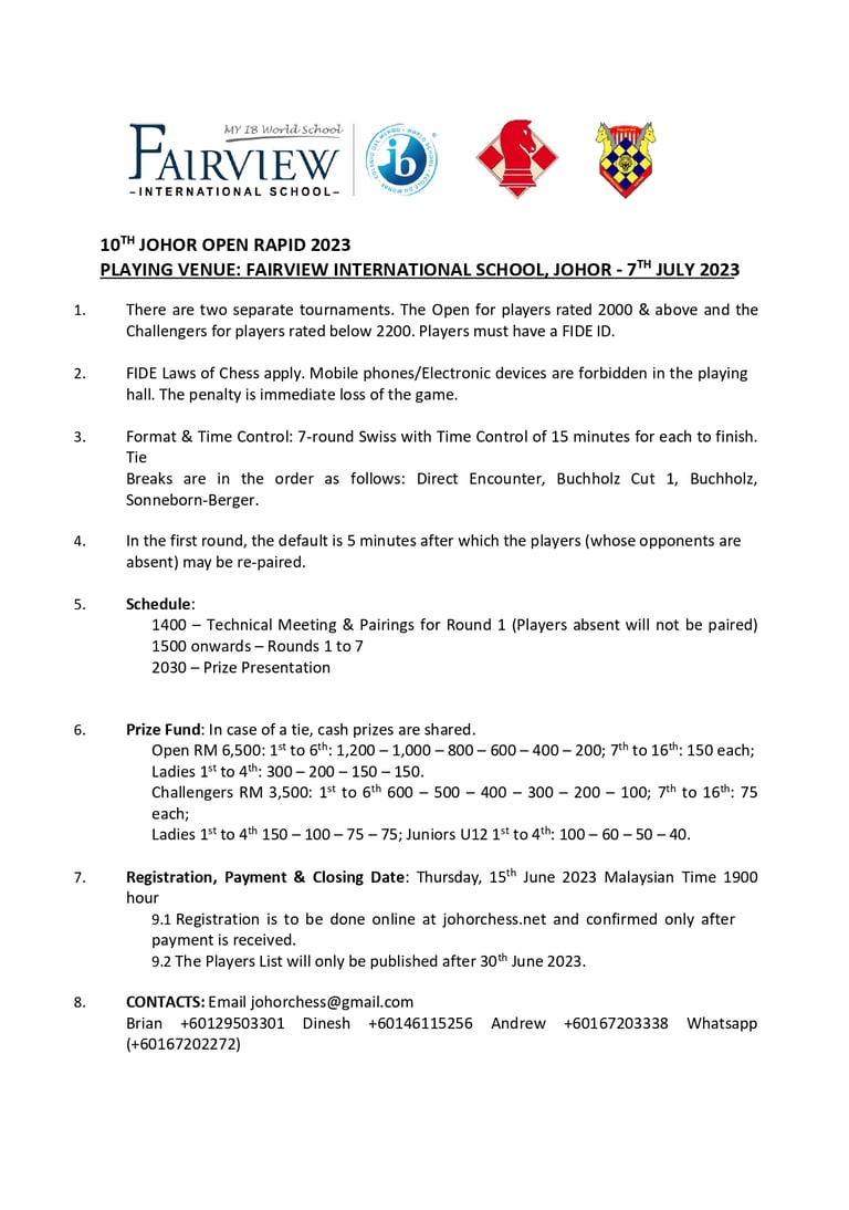 10th Johor Chess Open Rapid - ASEAN Chess Series. Malaysia Chess. Johor Open 2023