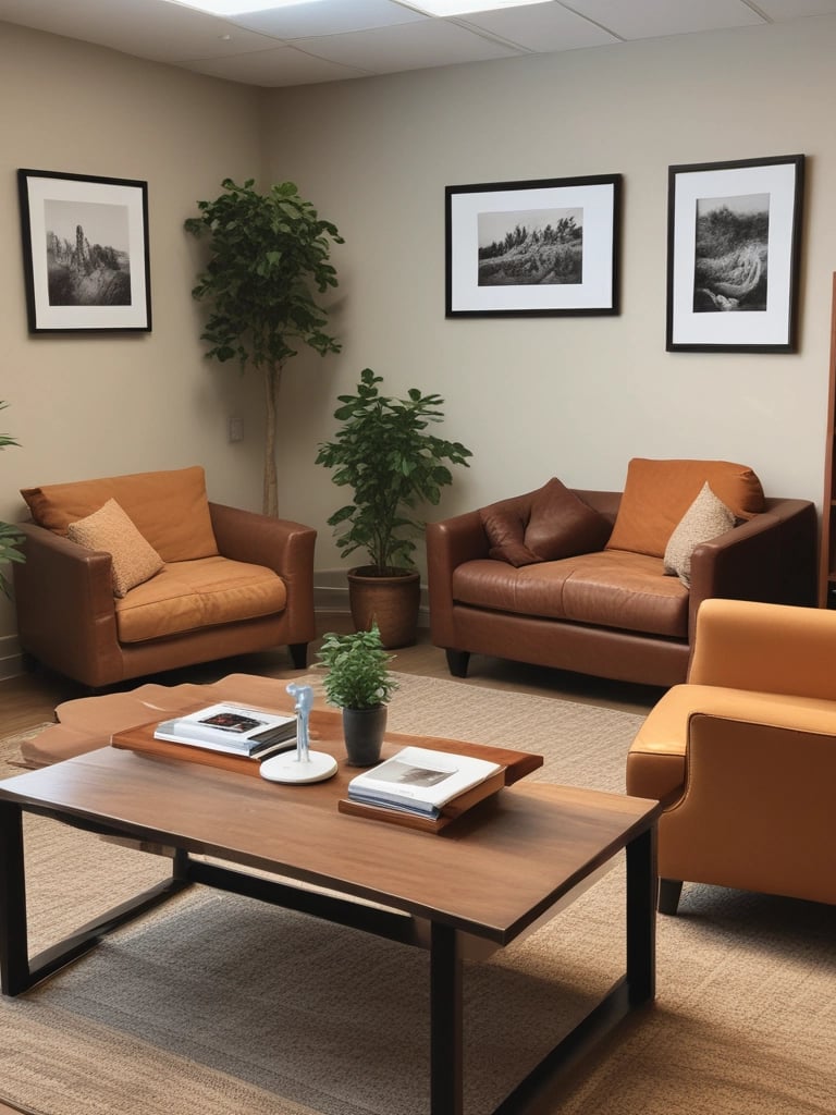 A warm, inviting therapy room with soft lighting and comfortable chairs arranged for conversation.