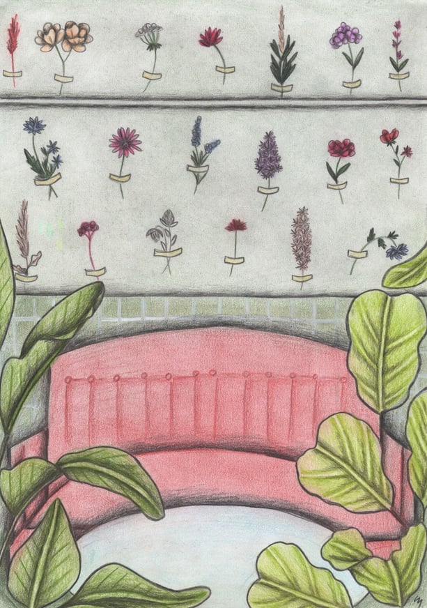 Hand-drawn illustration of a floral cafe with plants, flowers and cozy furniture