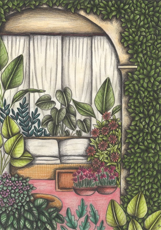 Hand-drawn illustration of a patio full of potted plants