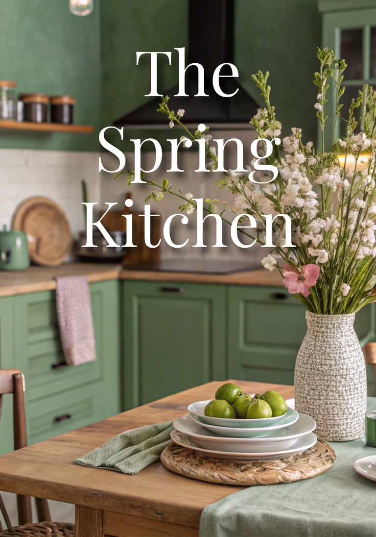 spring kitchen with flowers in a vase and a bowl of fruit 