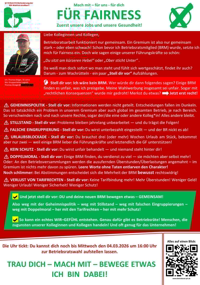 Es ist der fünfte Flyer von Thomas Stöger zu sehen. Darauf wirbt er für die Betriebsratswahlen 2026