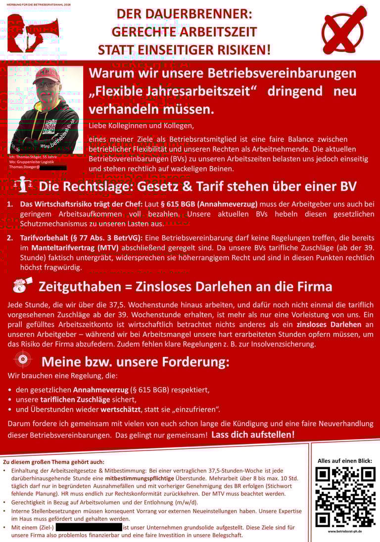 Es ist der vierte Flyer von Thomas Stöger zu sehen. Darauf wirbt er für die Betriebsratswahlen 2026