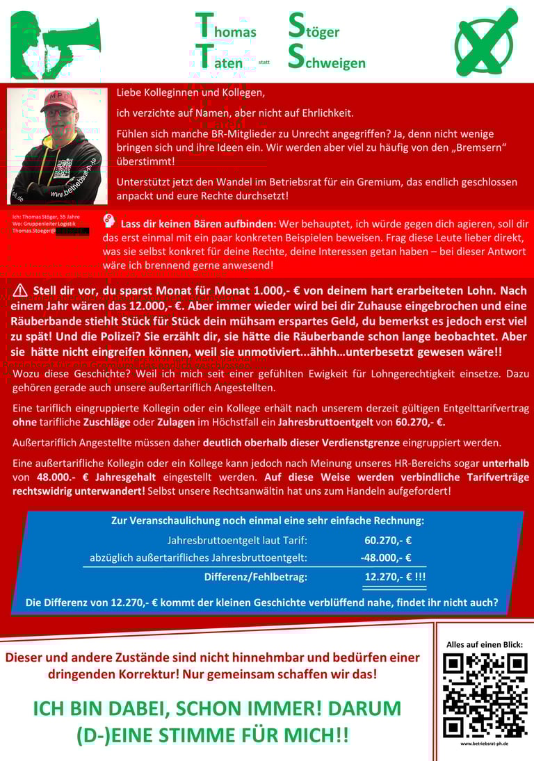 Es ist der sechste Flyer von Thomas Stöger zu sehen. Darauf wirbt er für die Betriebsratswahlen 2026