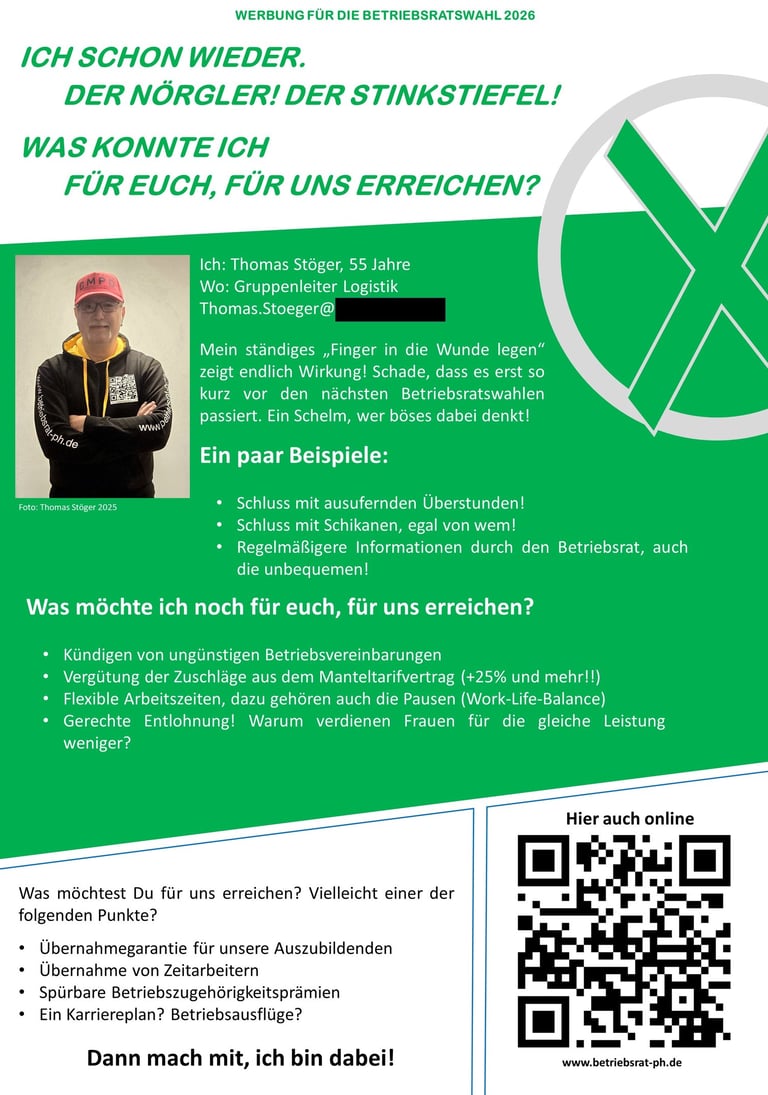 Es ist ein Flyer von Thomas Stöger zu sehen. Darauf wirbt er für die Betriebsratswahlen 2026