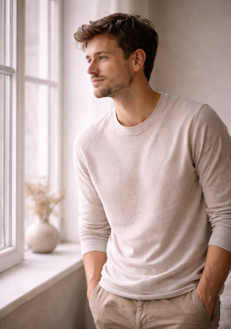 A handsome man in a beige crew neck sweater looking out a bright window.