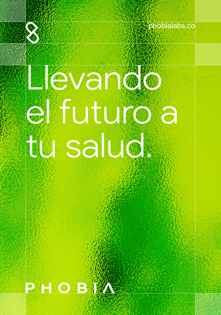 Cartel de Phobia Labs con fondo verde y textura de cristal