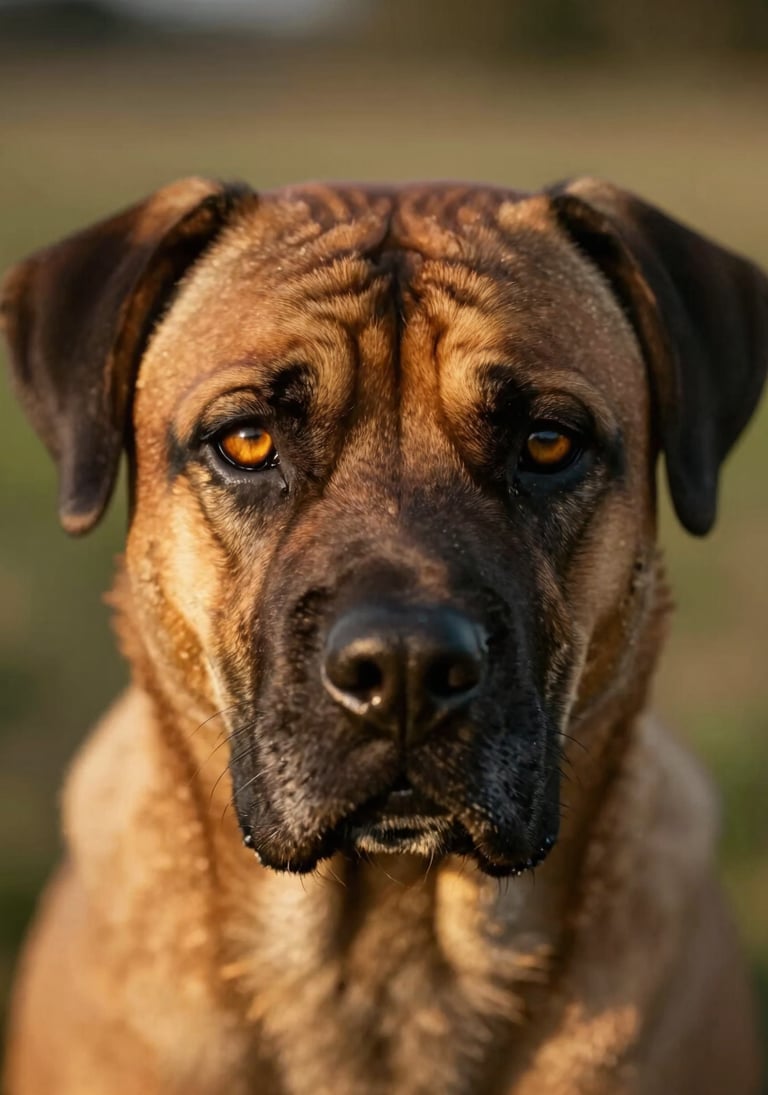 Close-up macro portrait of an intelligent Boerboel's amber eyes, reflecting soft golden hour light, capturing a calm and discerning gaze.